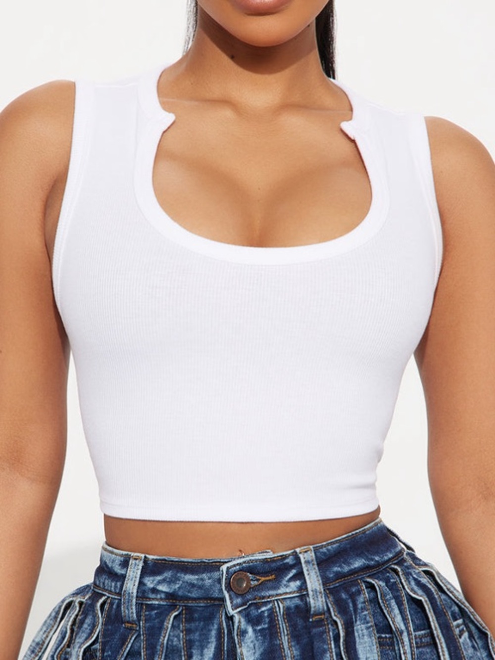 White Ribbed Notch-Neck Crop Tank